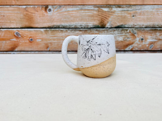 Seconds - Round-Bottom Coffee Mug - White and Natural Stoneware - Flower Design