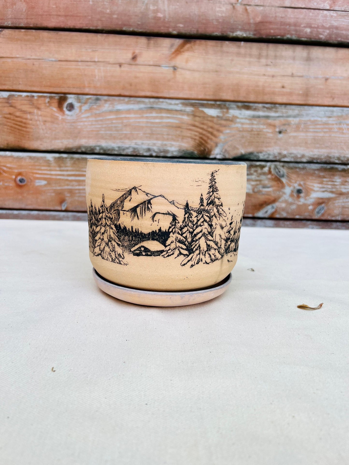 Seconds - Large Round Bottom Planter - Forest Landscape - Handmade Ceramic