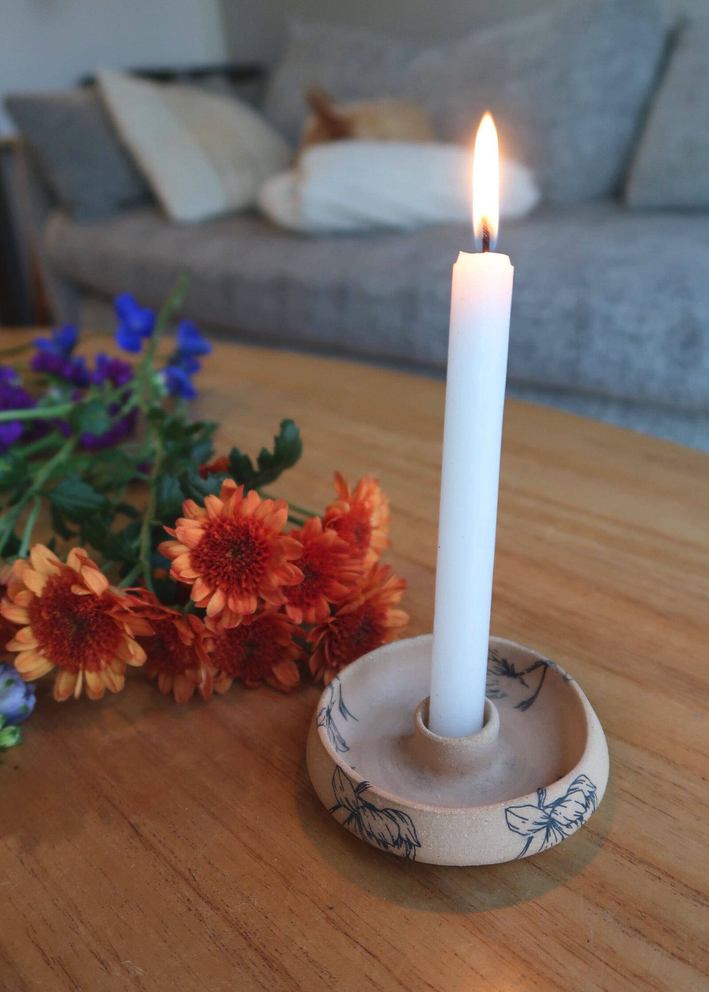 Floral Candle Holder for Taper Candle - Handmade Ceramic