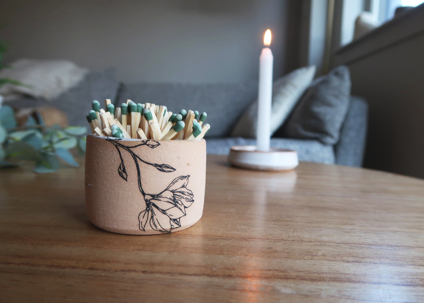 Floral Ceramic Matchstick Holder - Natural Stoneware Texture - Strike-on-side - Handmade Ceramic