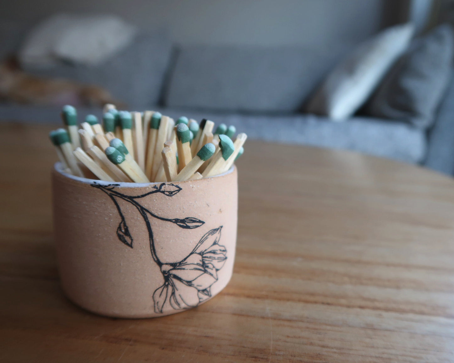 Floral Ceramic Matchstick Holder - Natural Stoneware Texture - Strike-on-side - Handmade Ceramic