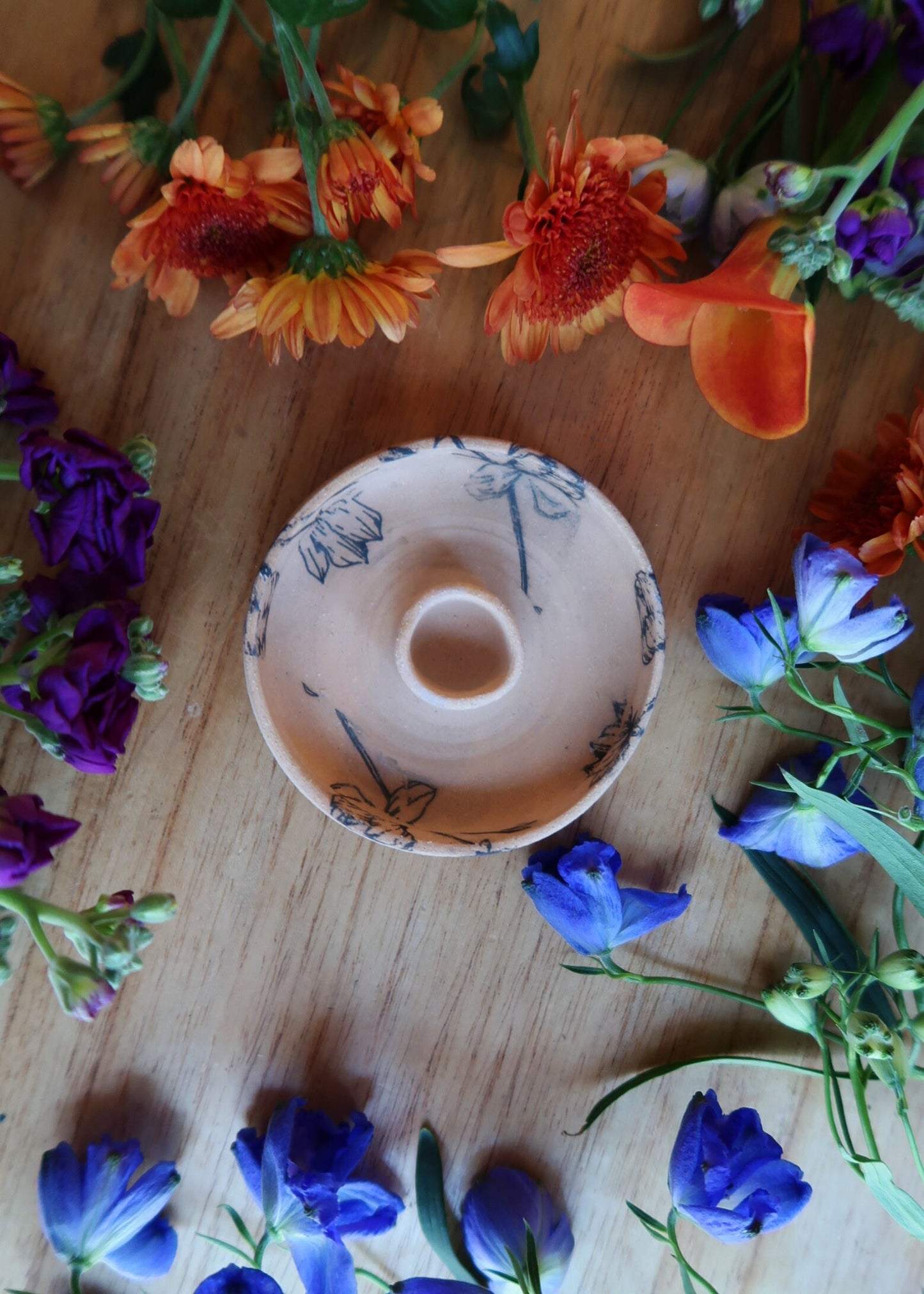 Floral Candle Holder for Taper Candle - Handmade Ceramic