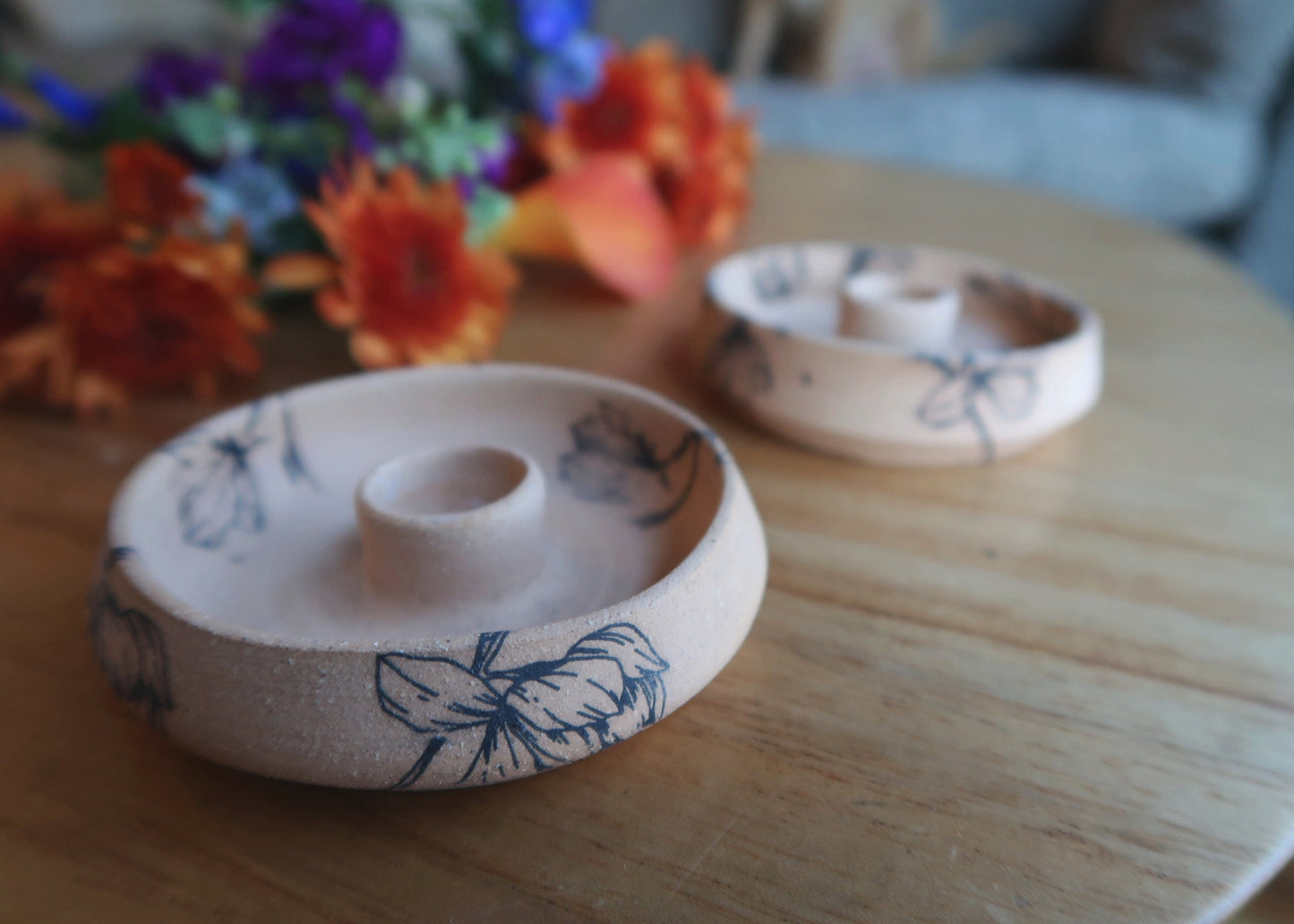 Floral Candle Holder for Taper Candle - Handmade Ceramic