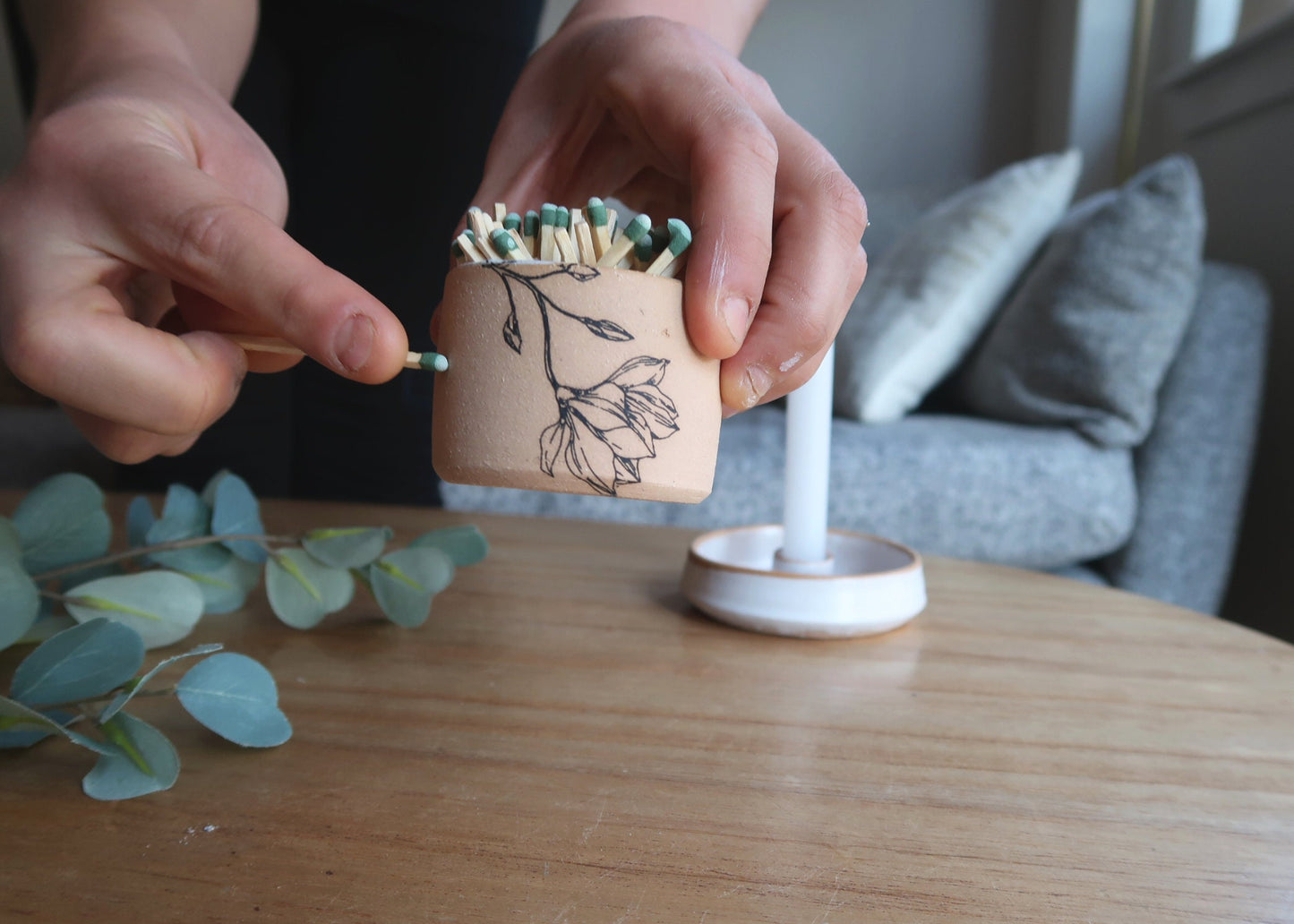 Floral Ceramic Matchstick Holder - Natural Stoneware Texture - Strike-on-side - Handmade Ceramic