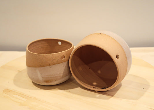 Seconds - Hanging Orb Pot with Cord - White and Beige - Handmade Ceramic