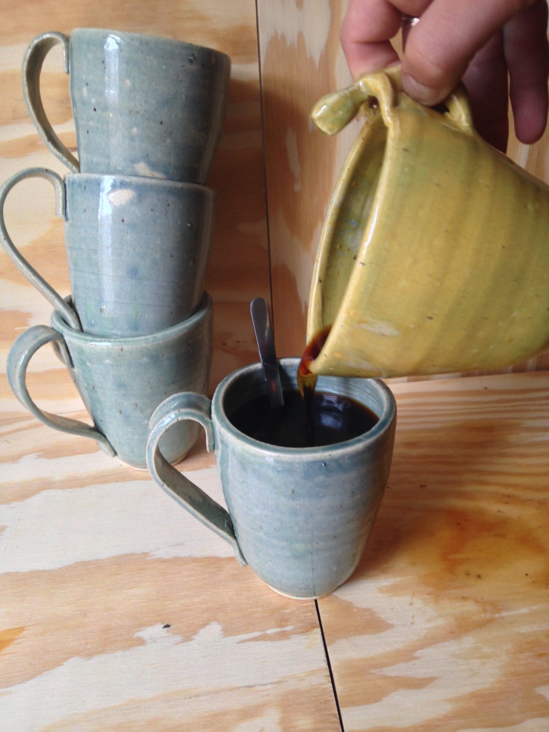 Hand thrown 4 piece coffee mug set in turquoise green