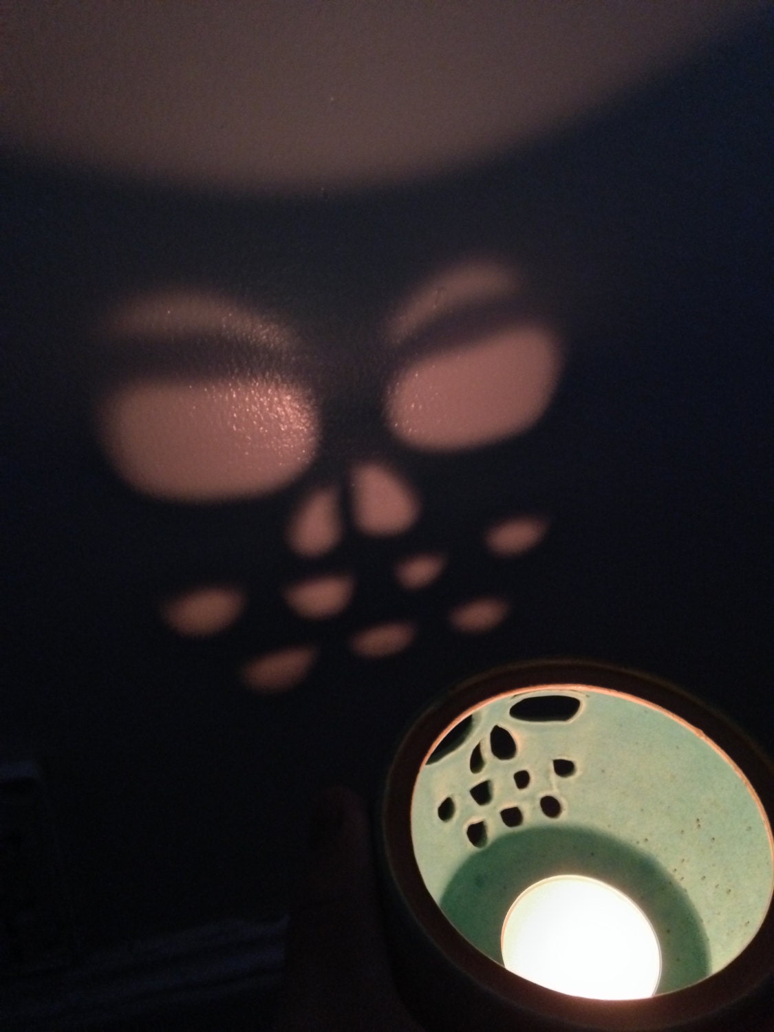 unique turqouise scented wax melter jar with hand carved pumpkin design