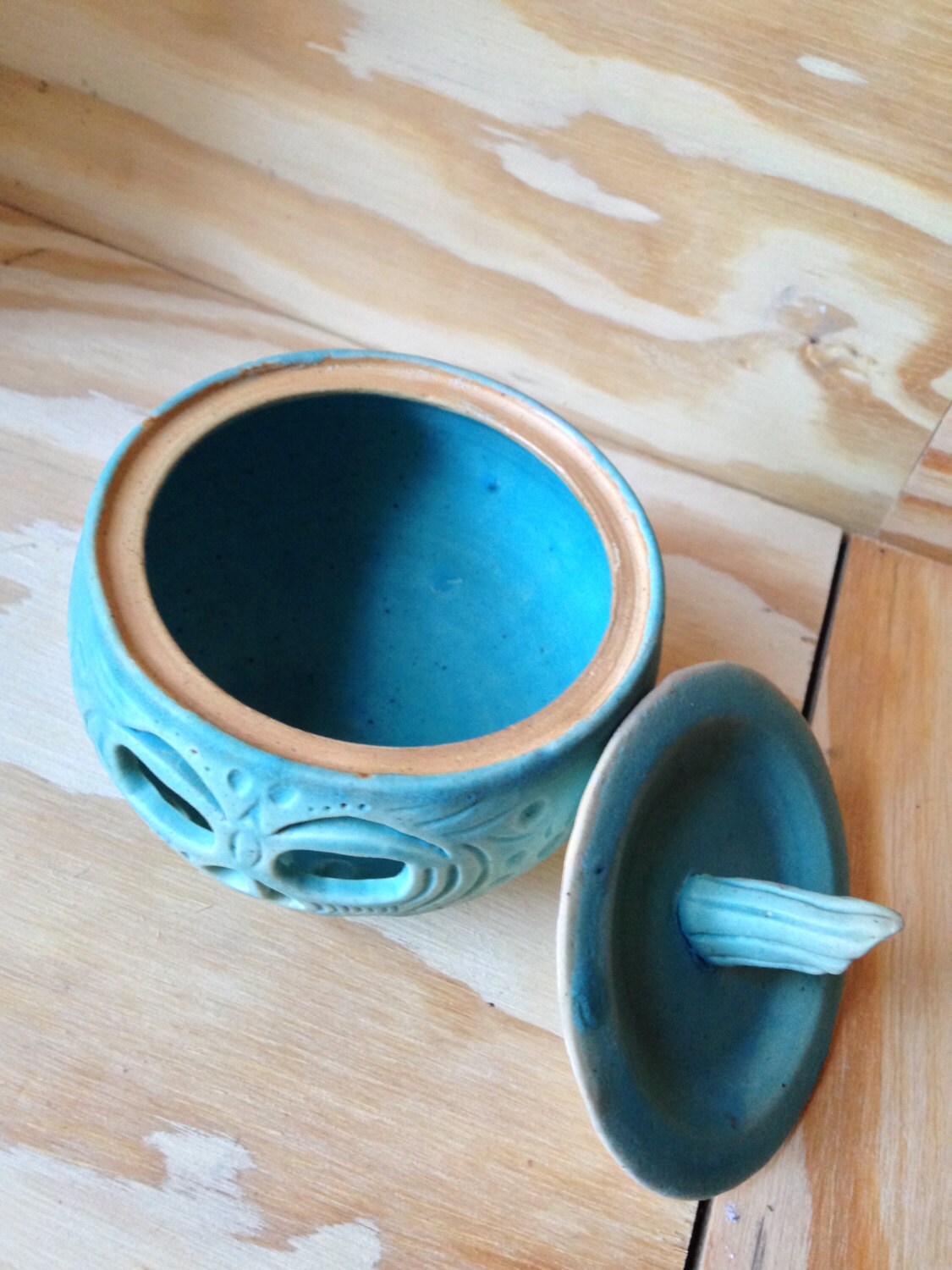 unique turqouise scented wax melter jar with hand carved pumpkin design