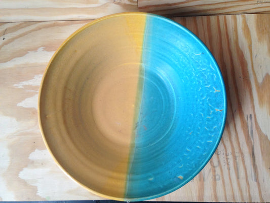 large wide shallow turqouise and yellow multipurpose bowl