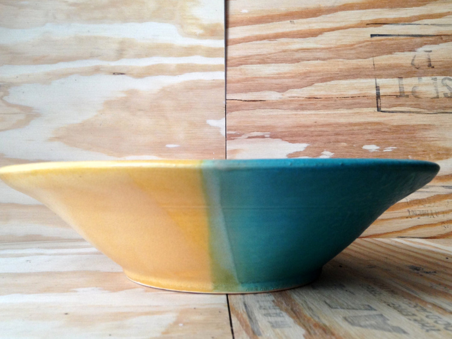 large wide shallow turqouise and yellow multipurpose bowl