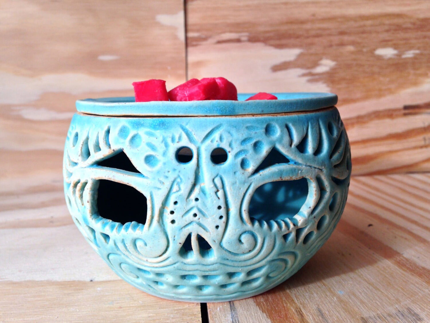 ceramic turquiose candle and  wax burner  with sugar skull design