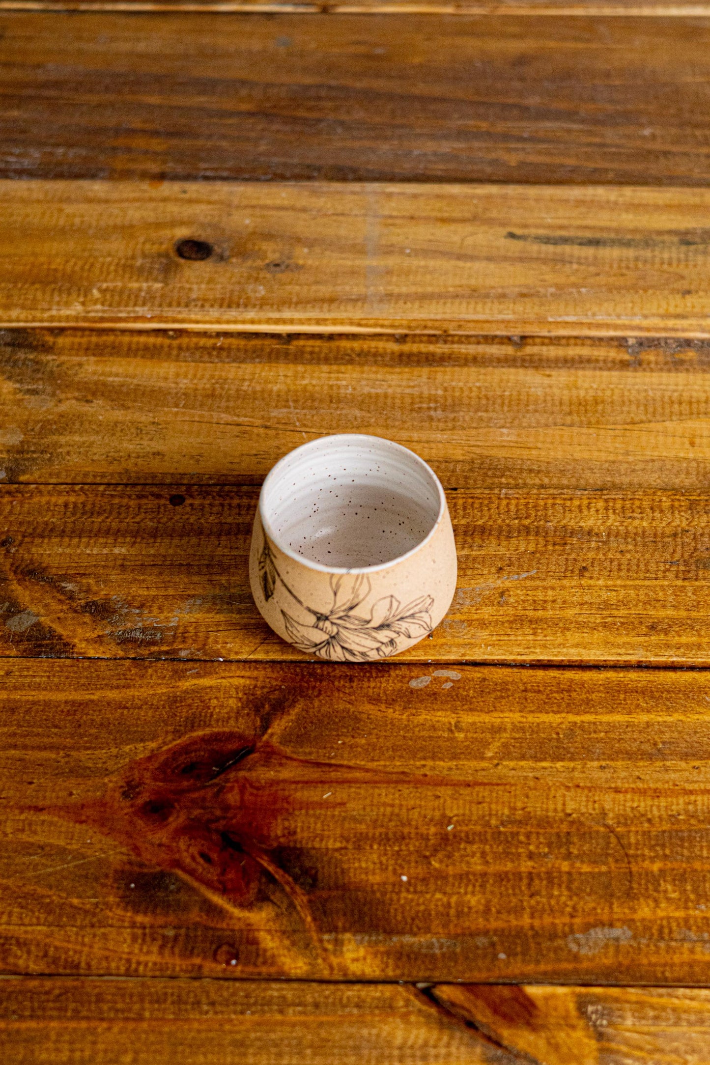 Flower Espresso Cup - White & Speckled Stoneware - Handmade Ceramic Coffee Mug - Small Tumbler Gift-
