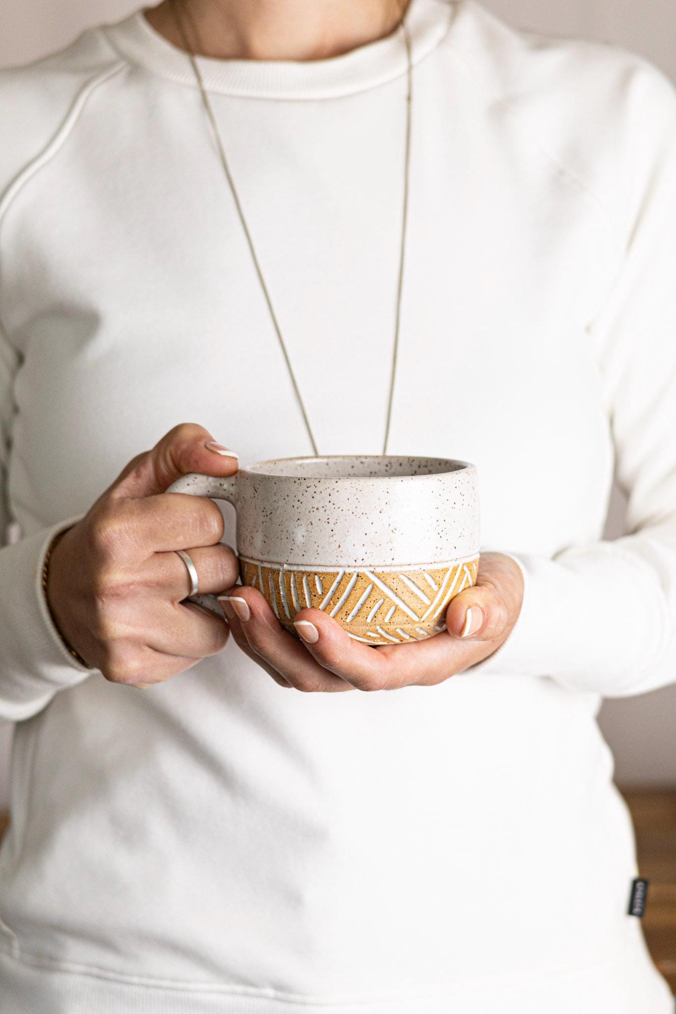 Hand-Carved Ceramic Coffee Mug: Large Stoneware Pottery Cup