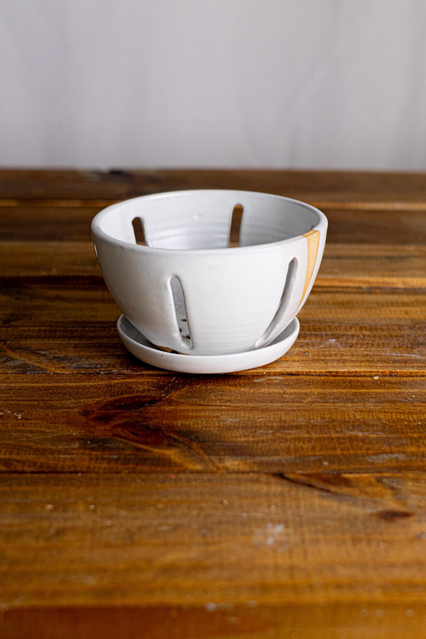 Handmade Ceramic Berry Bowls with saucers  Natural Stoneware   Colander Bowls- colors