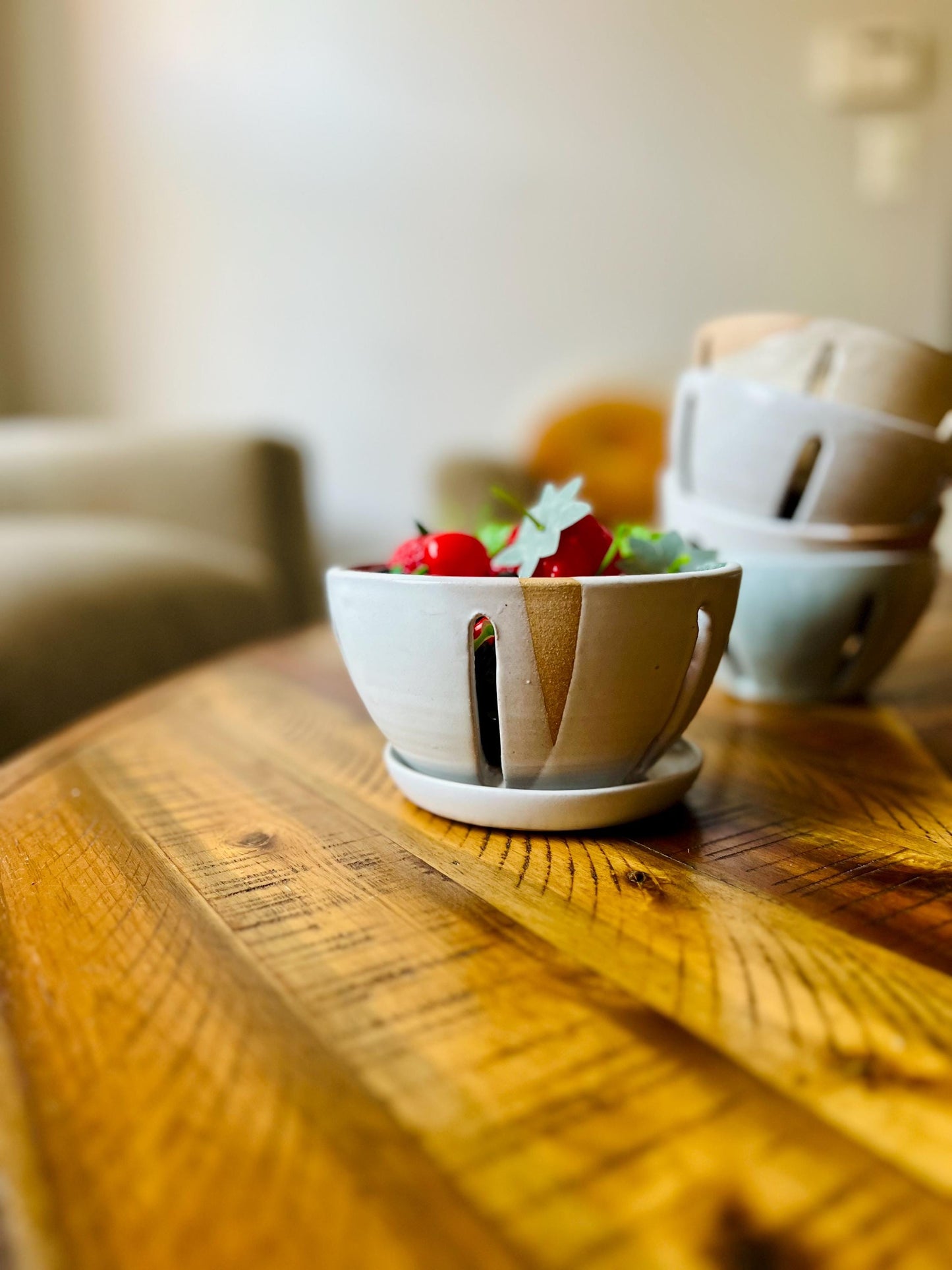 Handmade Ceramic Berry Bowls with saucers  Natural Stoneware   Colander Bowls- colors