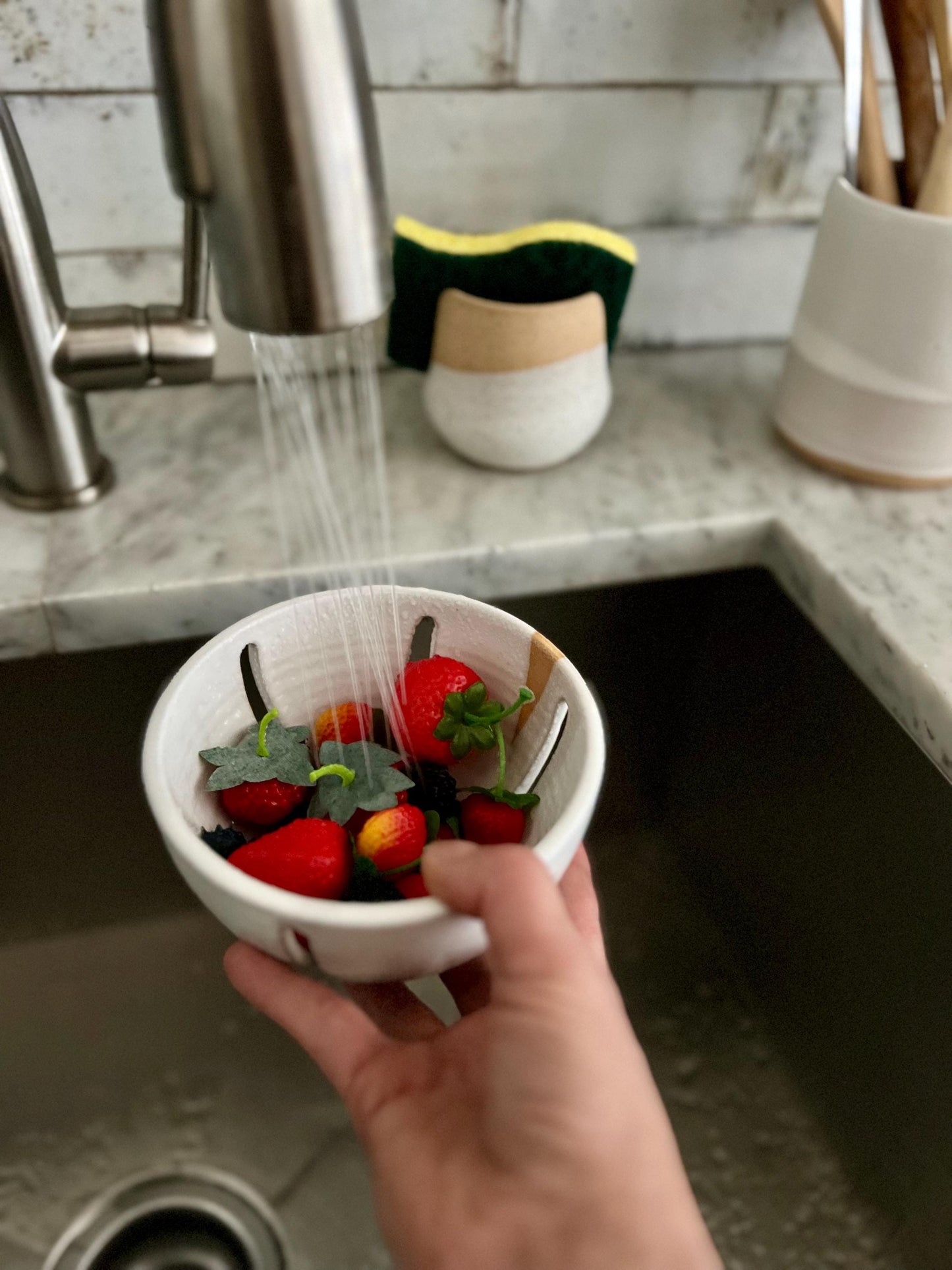 Handmade Ceramic Berry Bowls with saucers  Natural Stoneware   Colander Bowls- colors