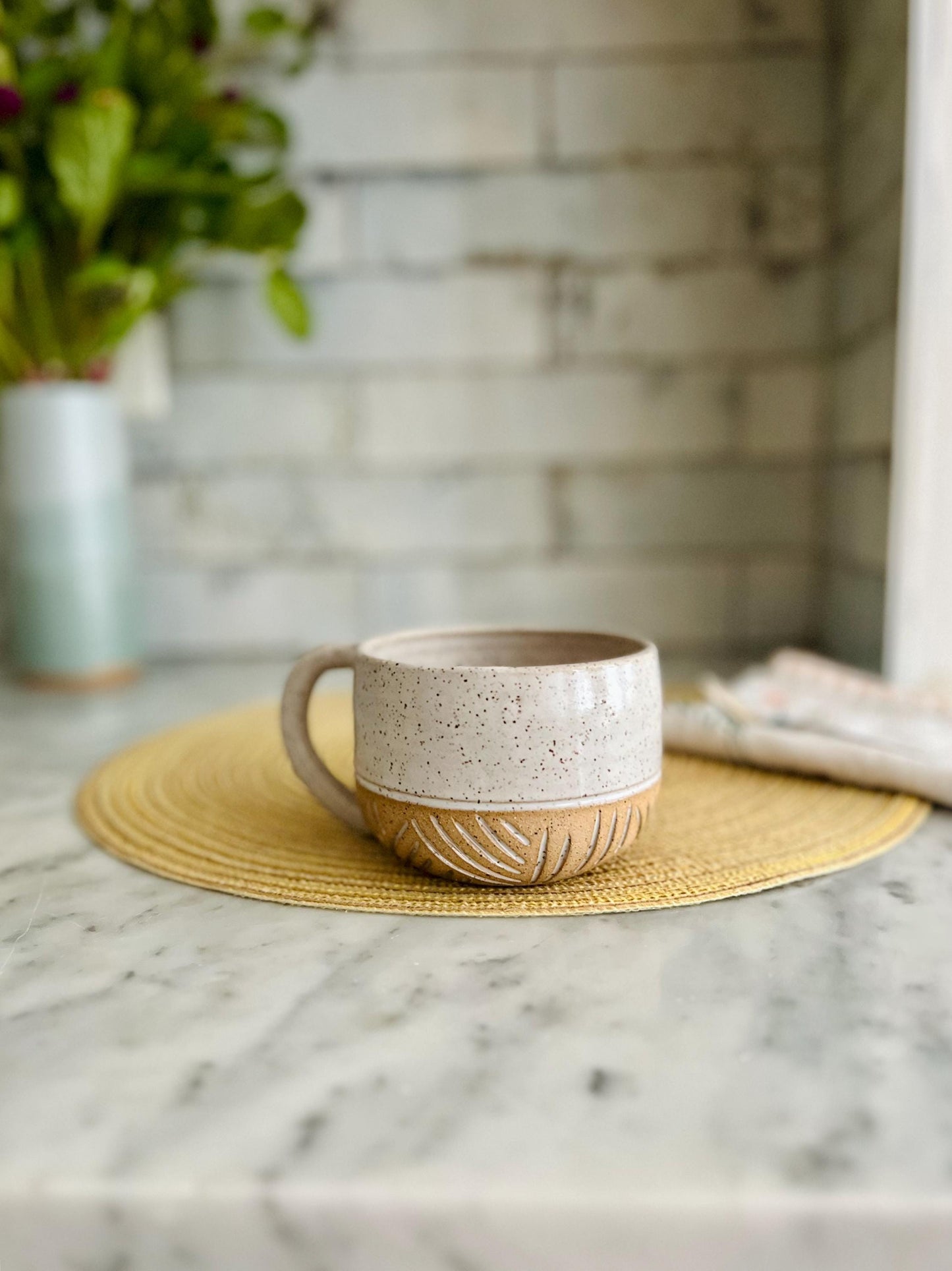 Hand-Carved Ceramic Coffee Mug: Large Stoneware Pottery Cup