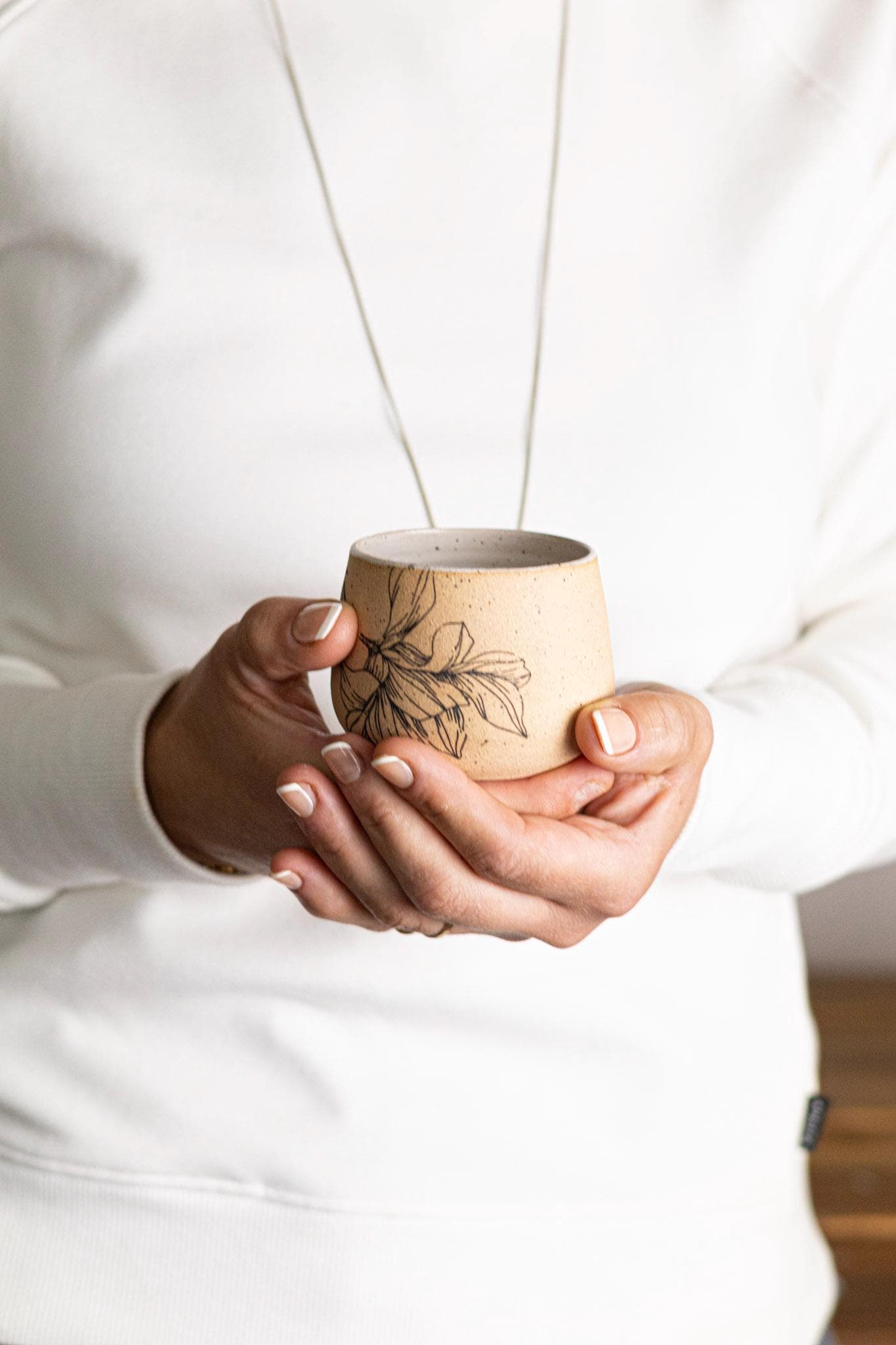 Flower Espresso Cup - White & Speckled Stoneware - Handmade Ceramic Coffee Mug - Small Tumbler Gift-
