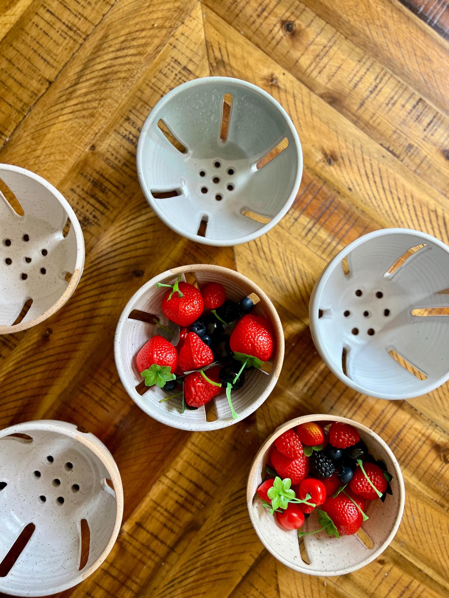 Handmade Ceramic Berry Bowls with saucers  Natural Stoneware   Colander Bowls- colors