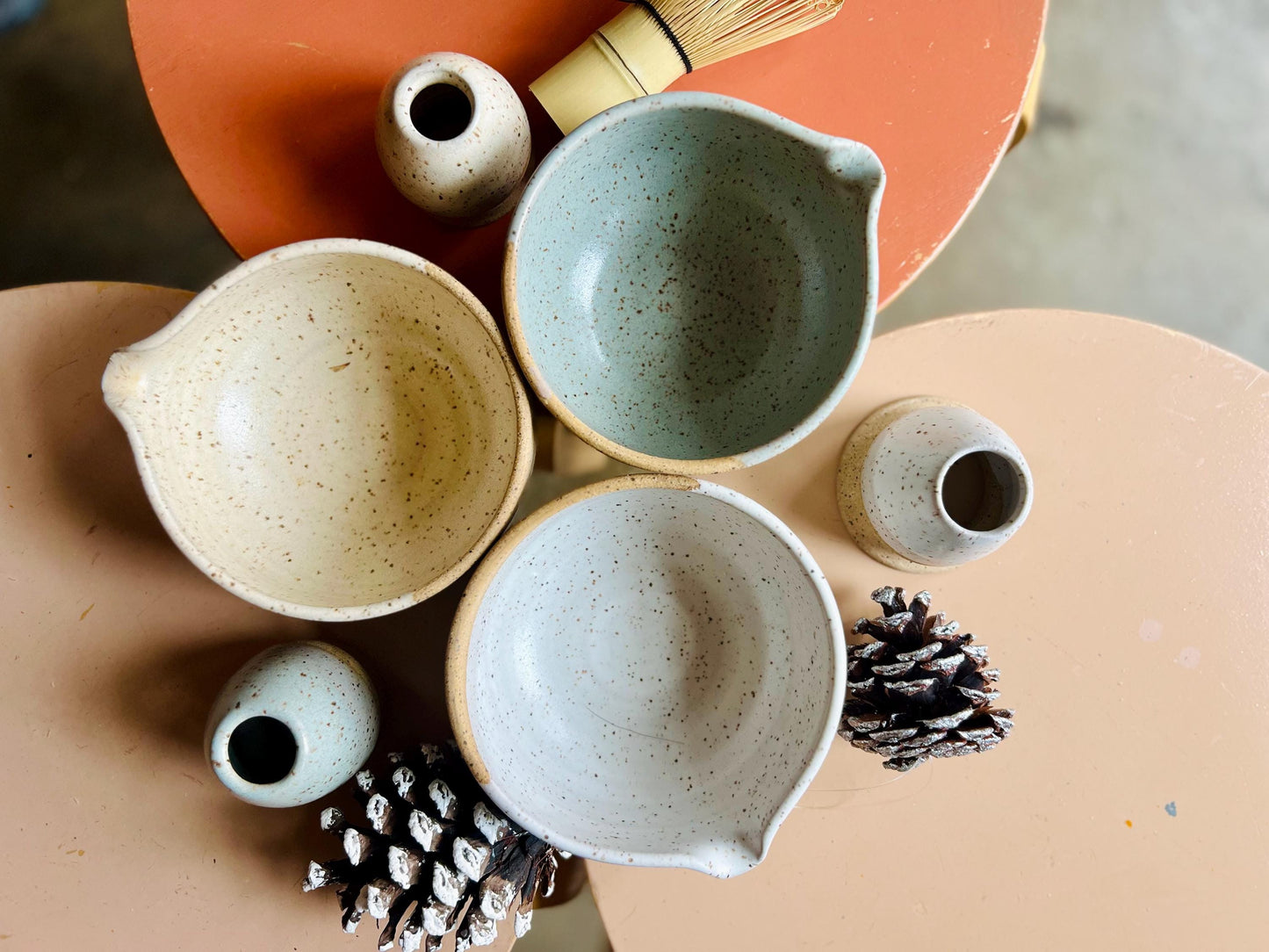 Wide bottom Matcha Bowl. Handmade Set with Spout Bamboo Whisk and Chasen Holder optional