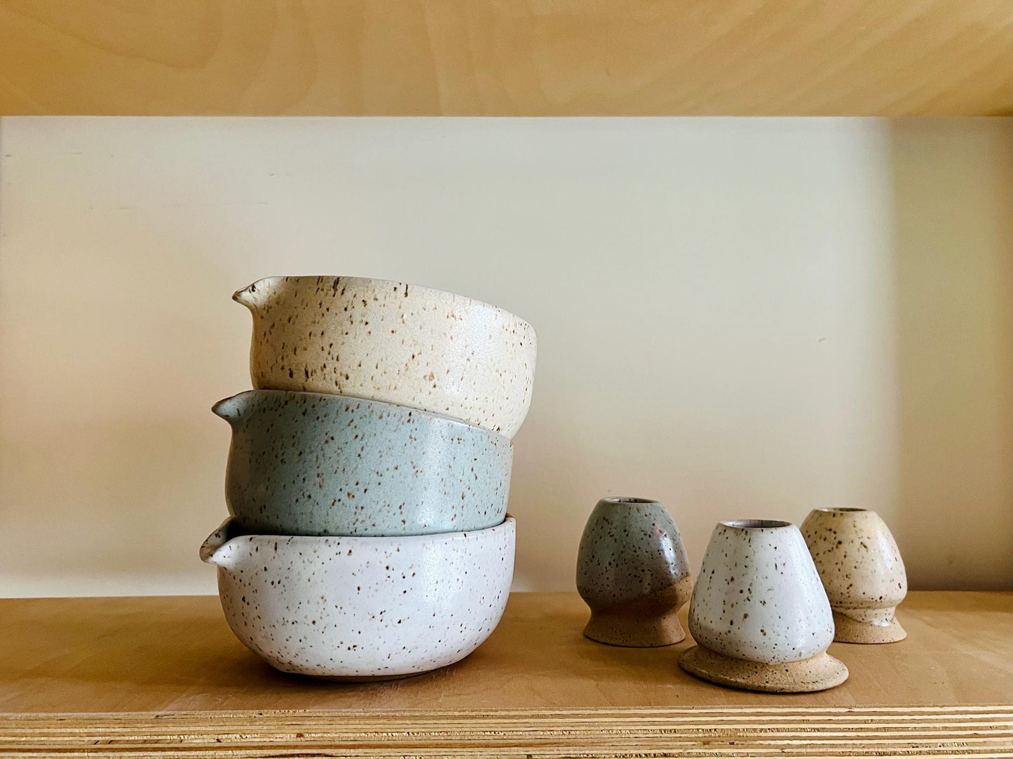 Wide bottom Matcha Bowl. Handmade Set with Spout Bamboo Whisk and Chasen Holder optional