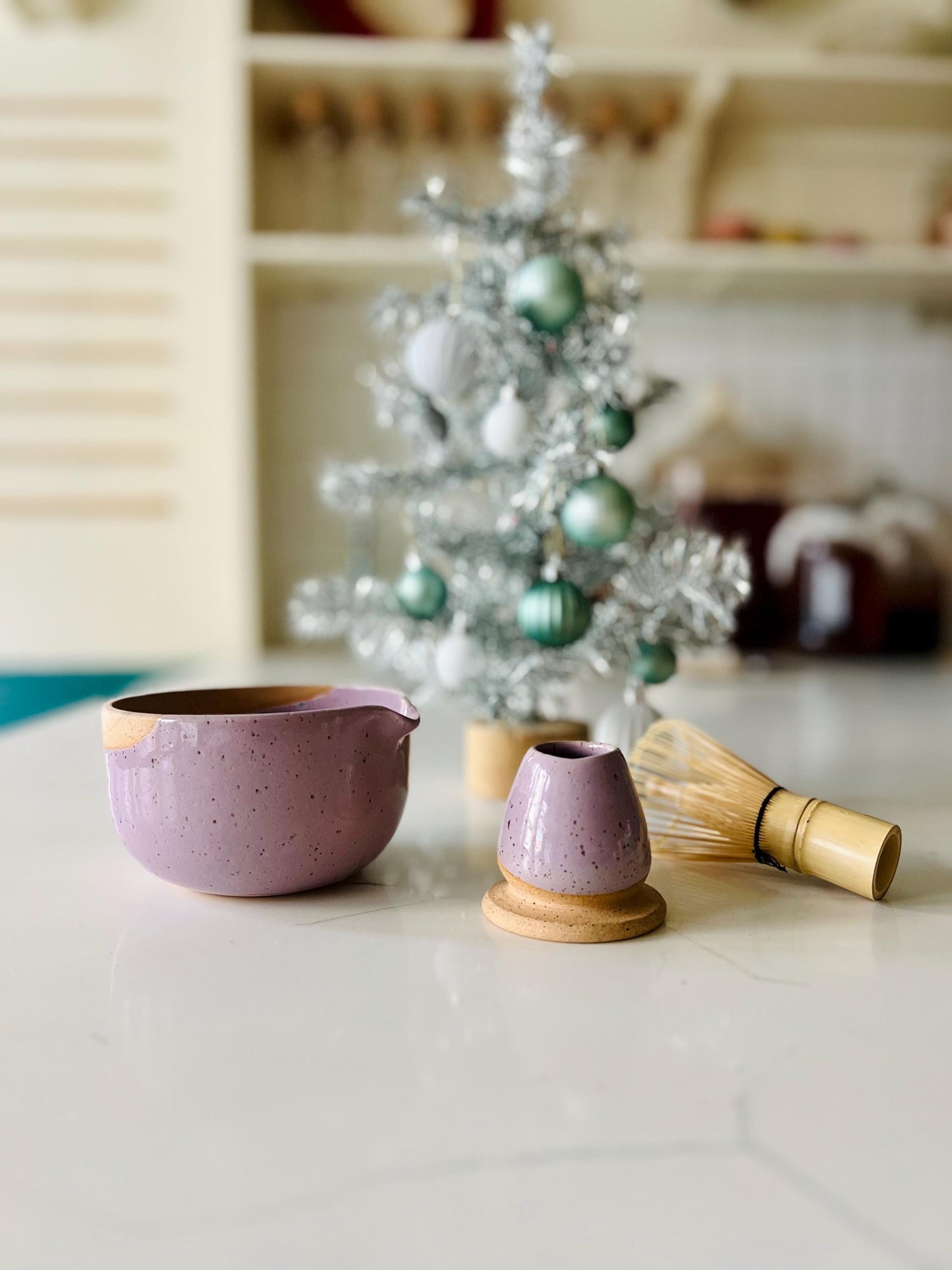 Wide bottom Matcha Bowl. Handmade Set with Spout Bamboo Whisk and Chasen Holder optional