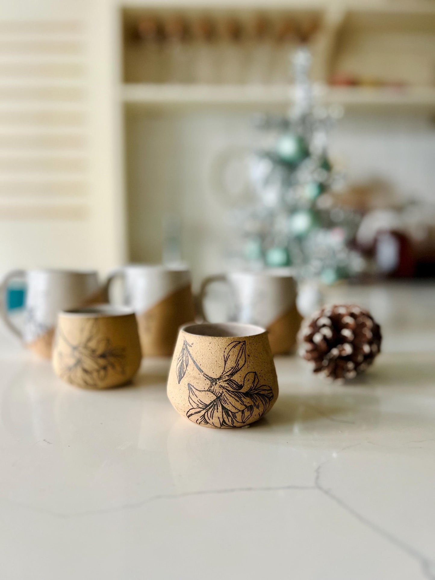 Flower Espresso Cup - White & Speckled Stoneware - Handmade Ceramic Coffee Mug - Small Tumbler Gift-