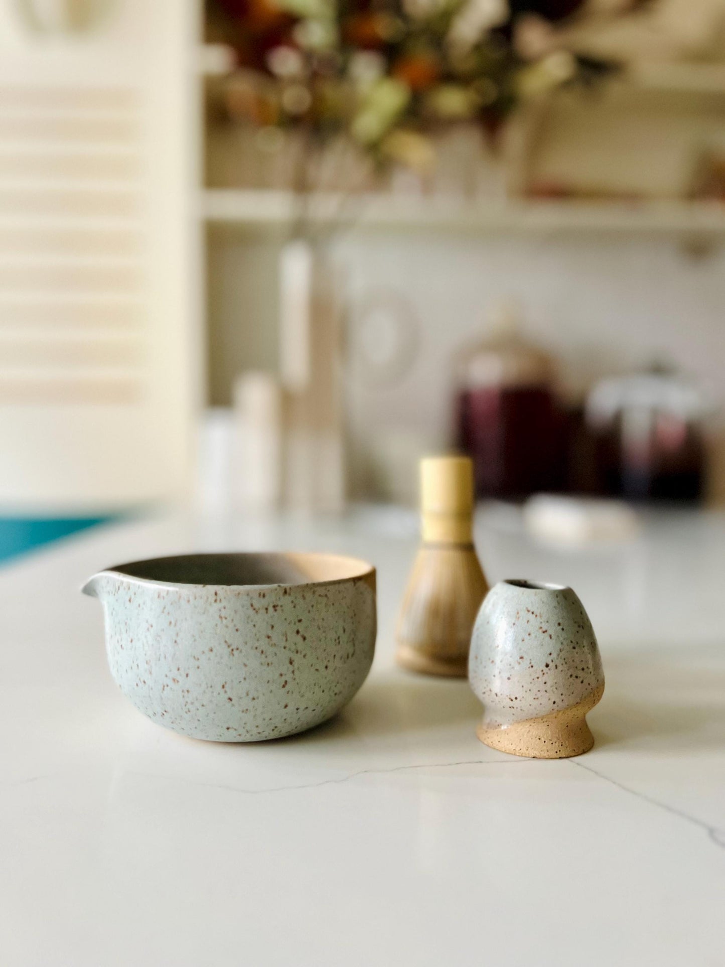 Wide bottom Matcha Bowl. Handmade Set with Spout Bamboo Whisk and Chasen Holder optional