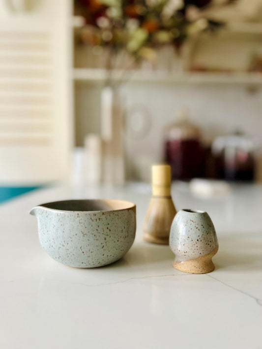 Wide bottom Matcha Bowl. Handmade Set with Spout Bamboo Whisk and Chasen Holder optional