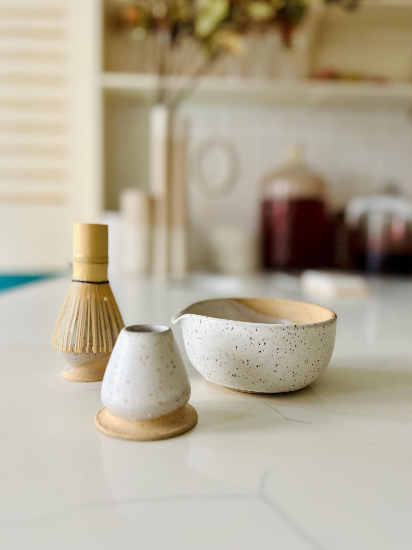 Wide bottom Matcha Bowl. Handmade Set with Spout Bamboo Whisk and Chasen Holder optional