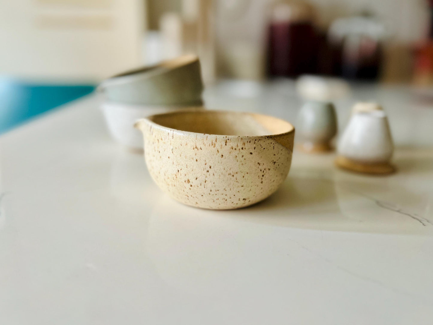 Wide bottom Matcha Bowl. Handmade Set with Spout Bamboo Whisk and Chasen Holder optional