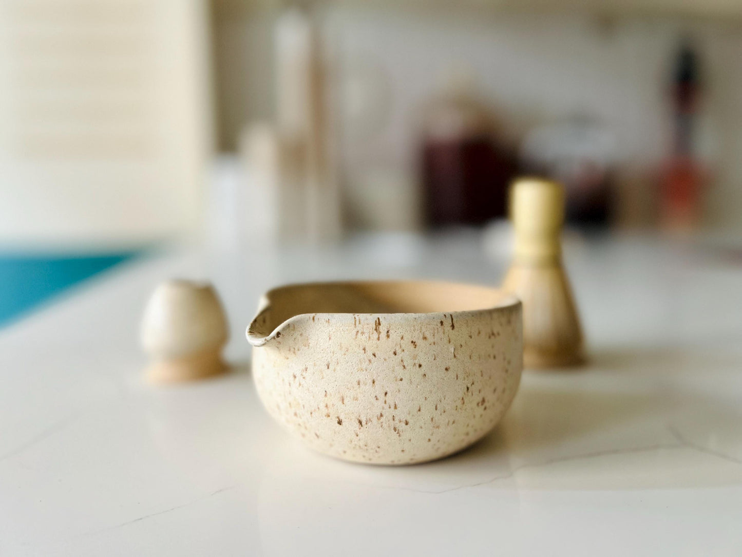 Wide bottom Matcha Bowl. Handmade Set with Spout Bamboo Whisk and Chasen Holder optional