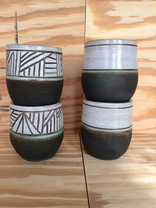 Hand made ceramic  coffee mugs white and black with sgrafitto design or plain  set of two