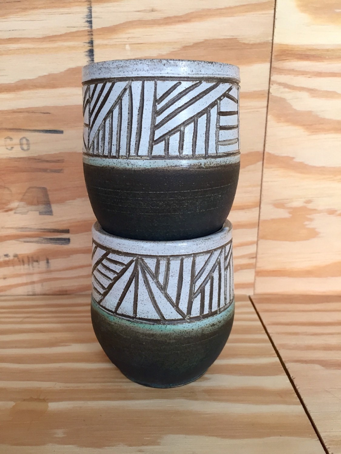 Hand made ceramic  coffee mugs white and black with sgrafitto design or plain  set of two