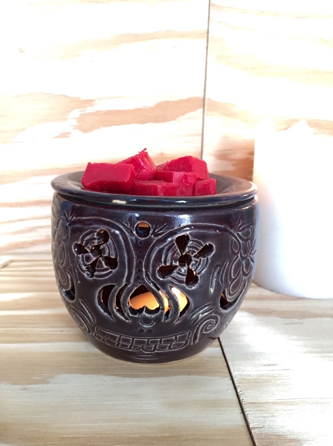 Handmade ceramic oil burner/ wax melter with hand carved sugarskull deisgn in deep red