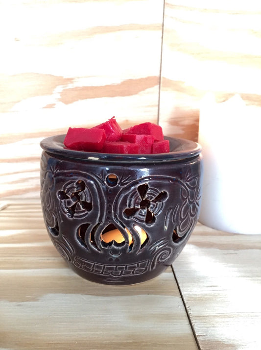 Handmade ceramic oil burner/ wax melter with hand carved sugarskull deisgn in deep red