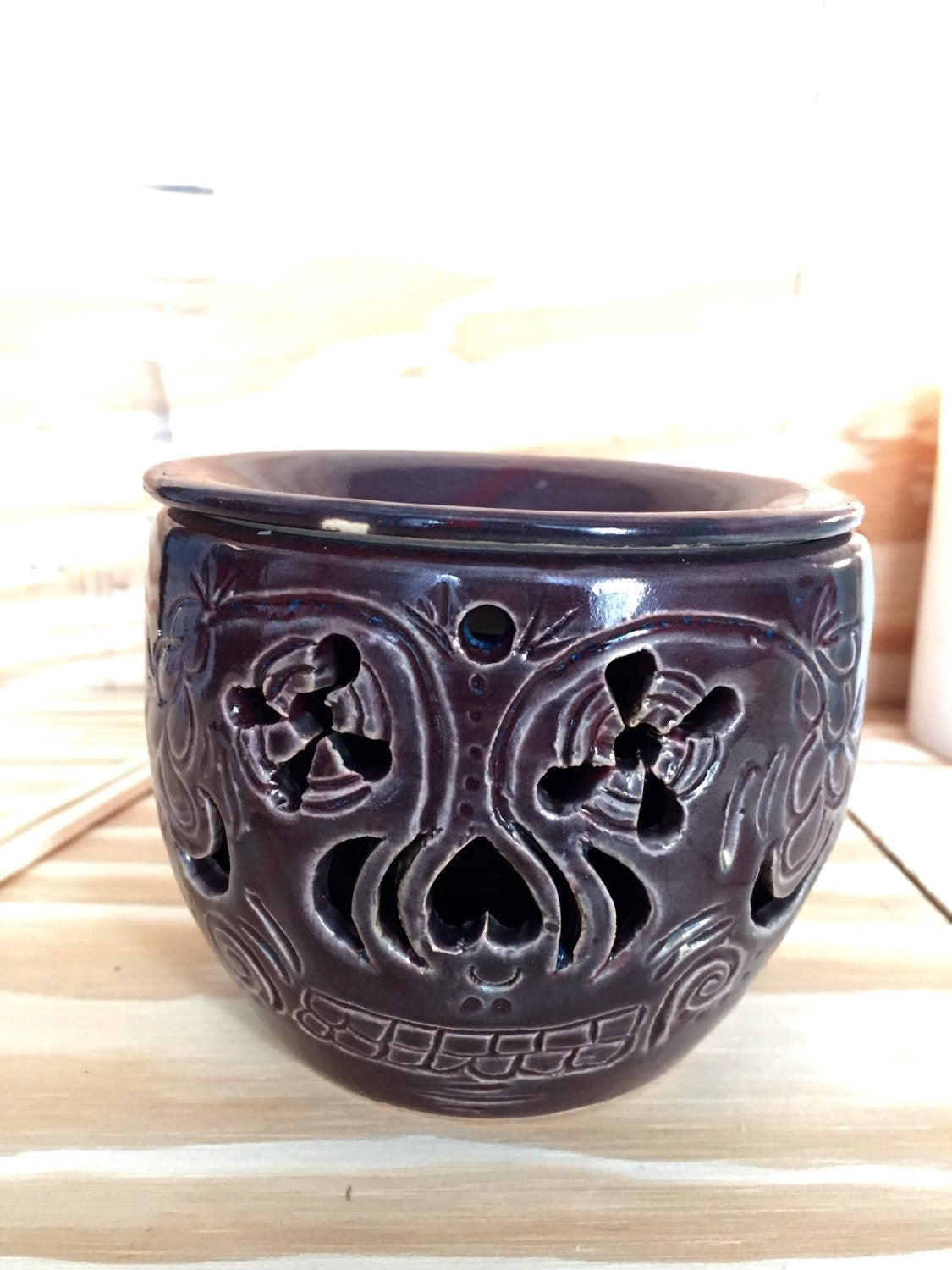 Handmade ceramic oil burner/ wax melter with hand carved sugarskull deisgn in deep red