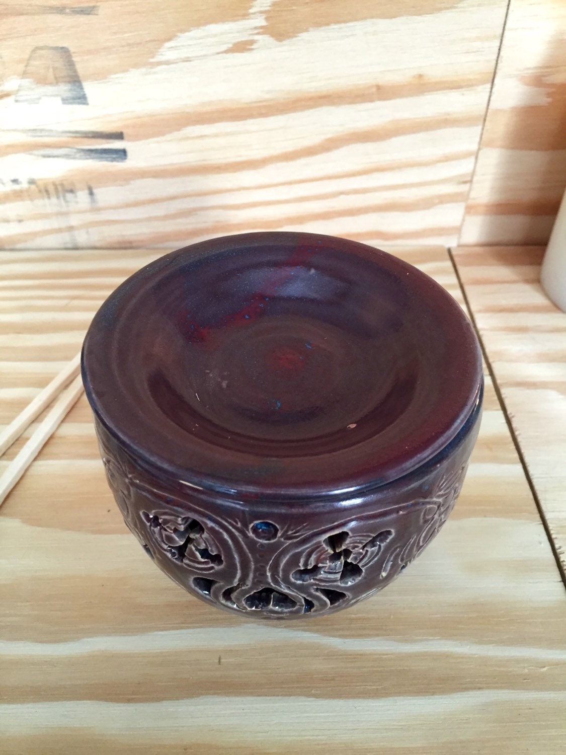 Handmade ceramic oil burner/ wax melter with hand carved sugarskull deisgn in deep red