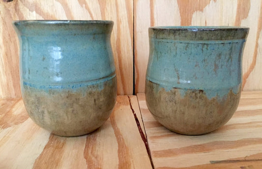 Handthrown almond and blue ceramic mugs with tulip shape  (set of two)