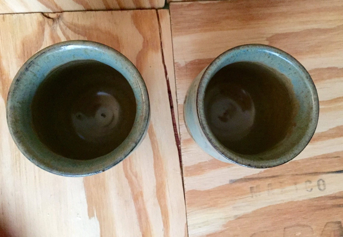 Handthrown almond and blue ceramic mugs with tulip shape  (set of two)