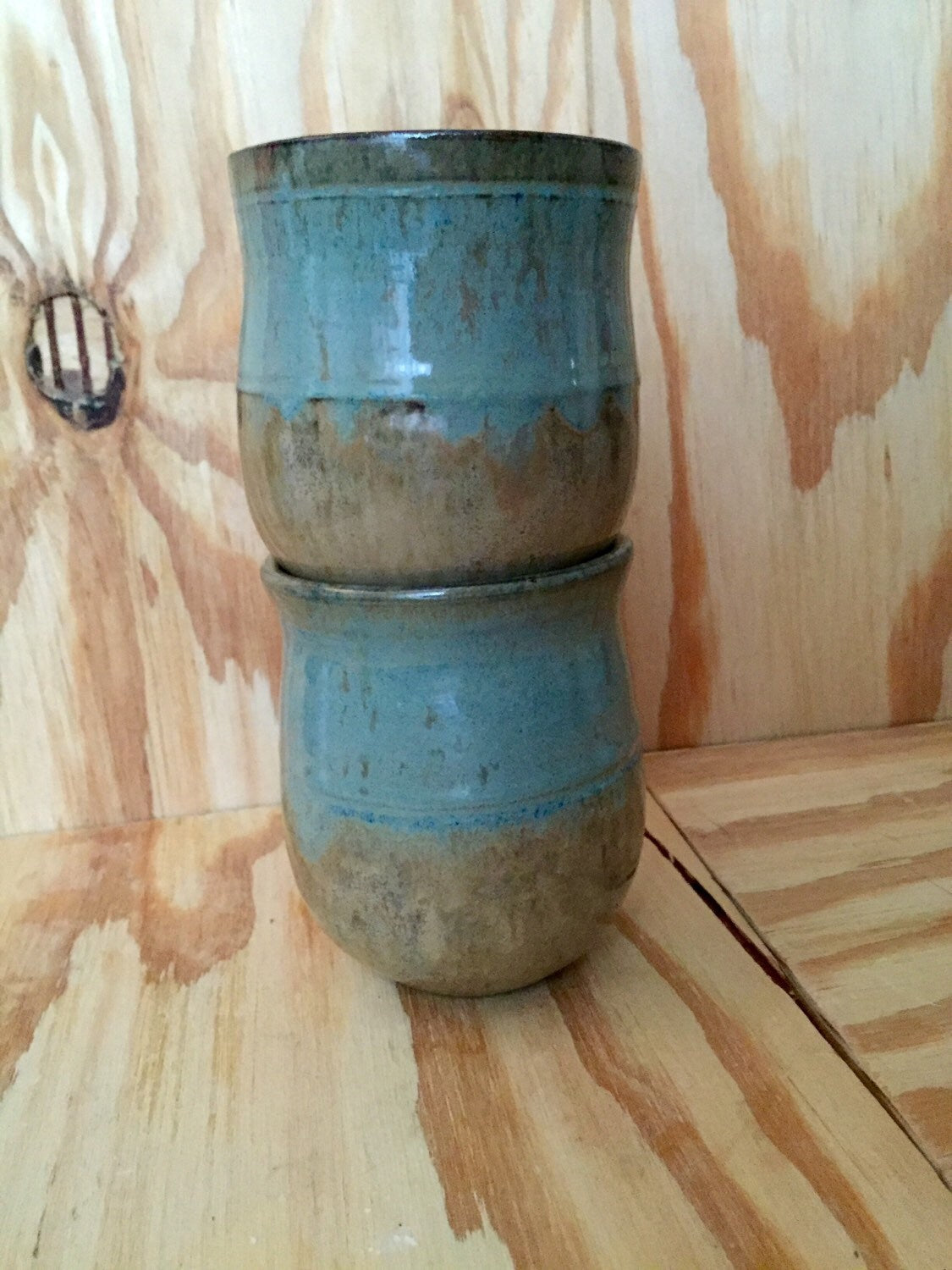 Handthrown almond and blue ceramic mugs with tulip shape  (set of two)