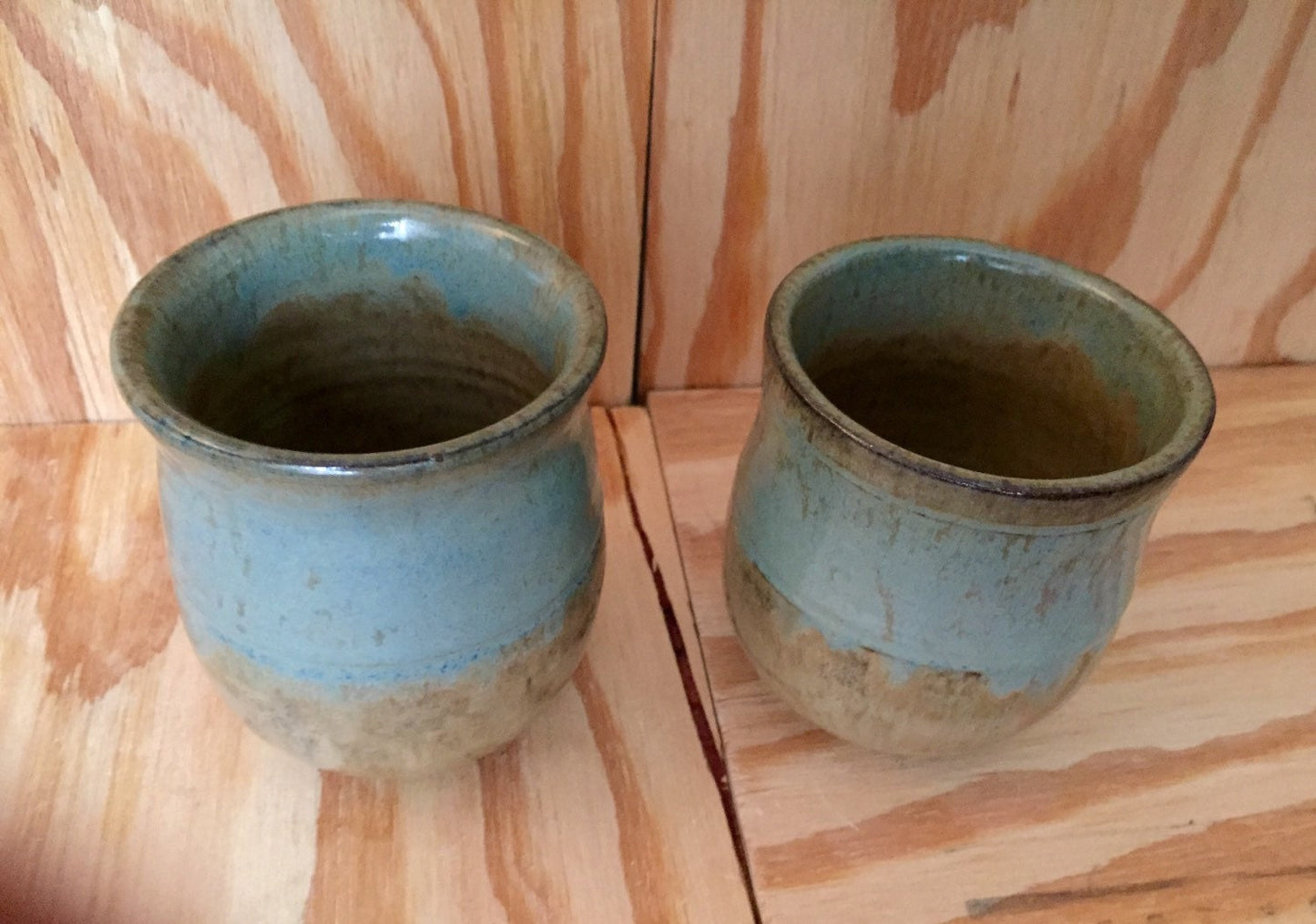 Handthrown almond and blue ceramic mugs with tulip shape  (set of two)