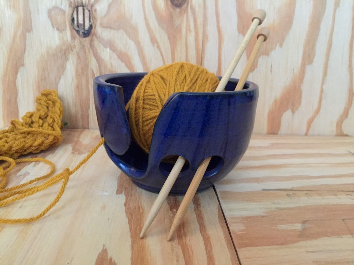 Handmade ceramic yarn/knitting bowl  with hand cut pattern in cobalt blue