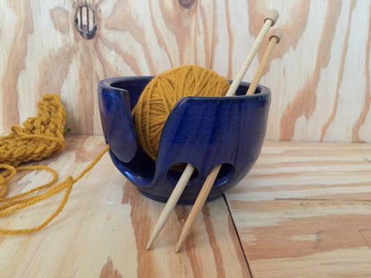 Handmade ceramic yarn/knitting bowl  with hand cut pattern in cobalt blue