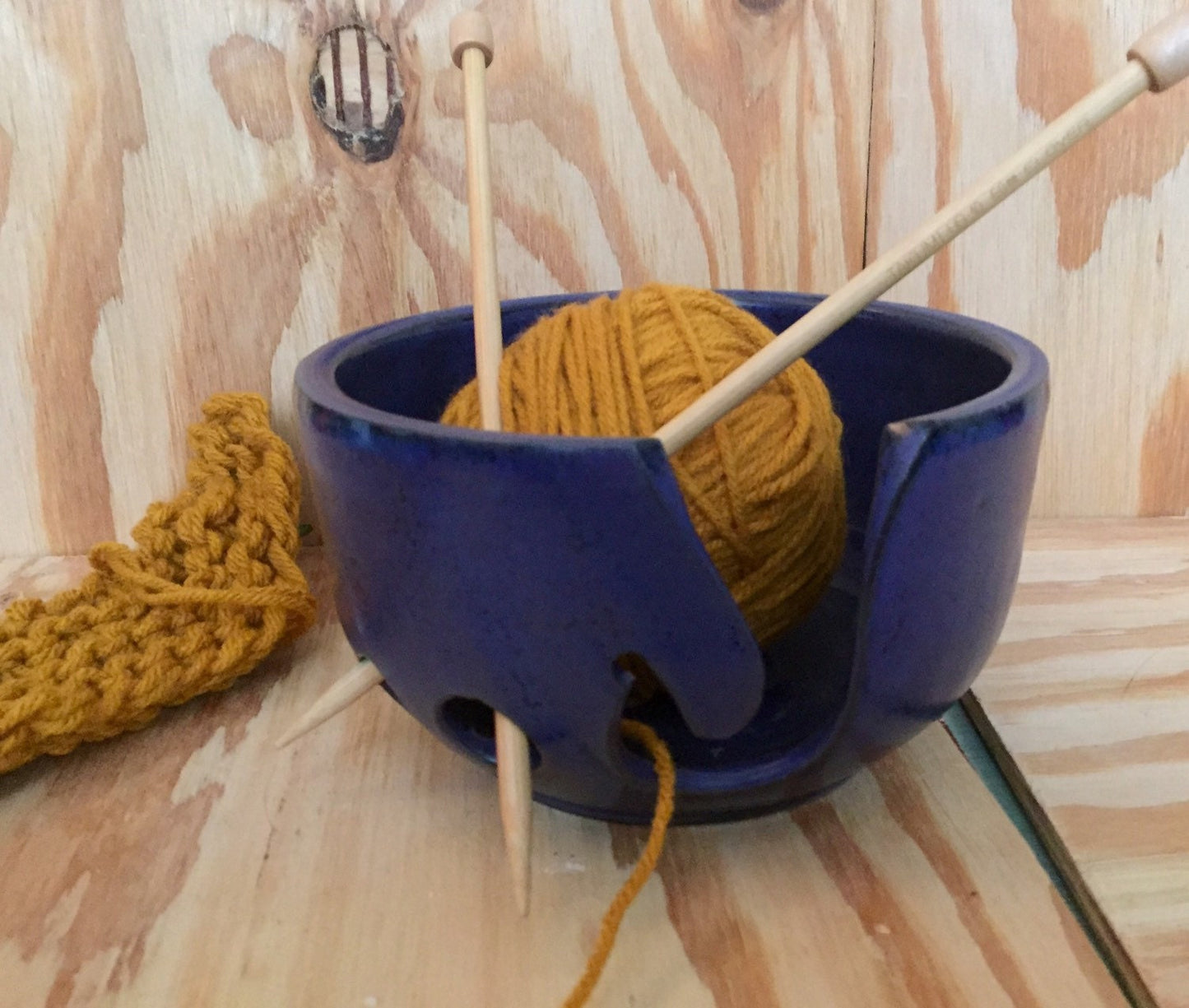 Handmade ceramic yarn/knitting bowl  with hand cut pattern in cobalt blue
