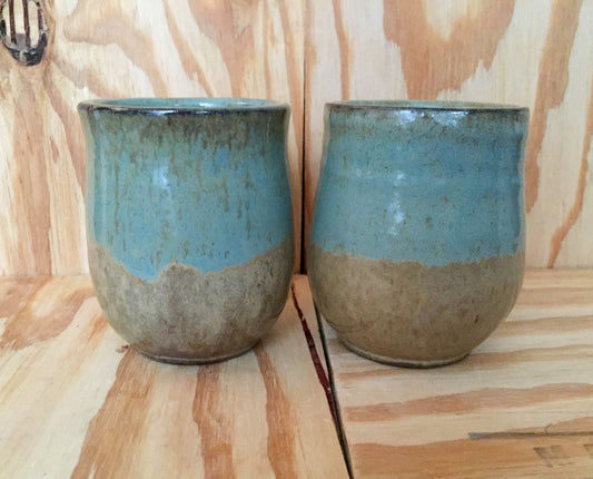 Handmade ceramic mug set of two in almond and teal