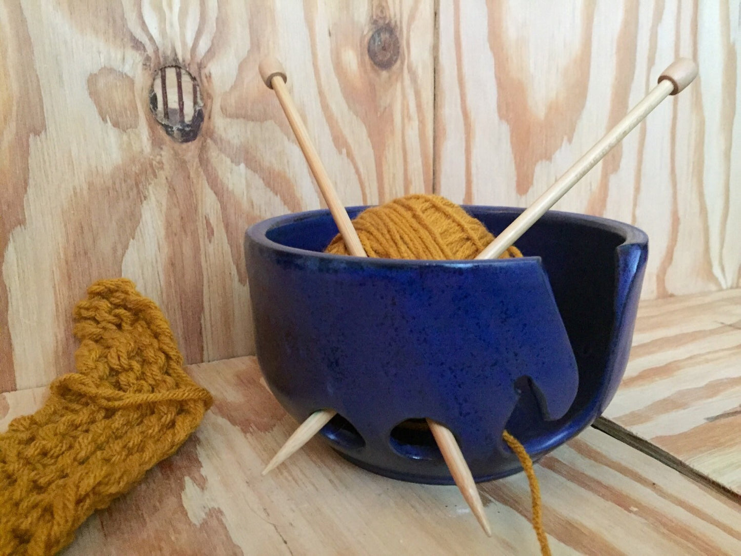 Handmade ceramic yarn/knitting bowl  with hand cut pattern in cobalt blue