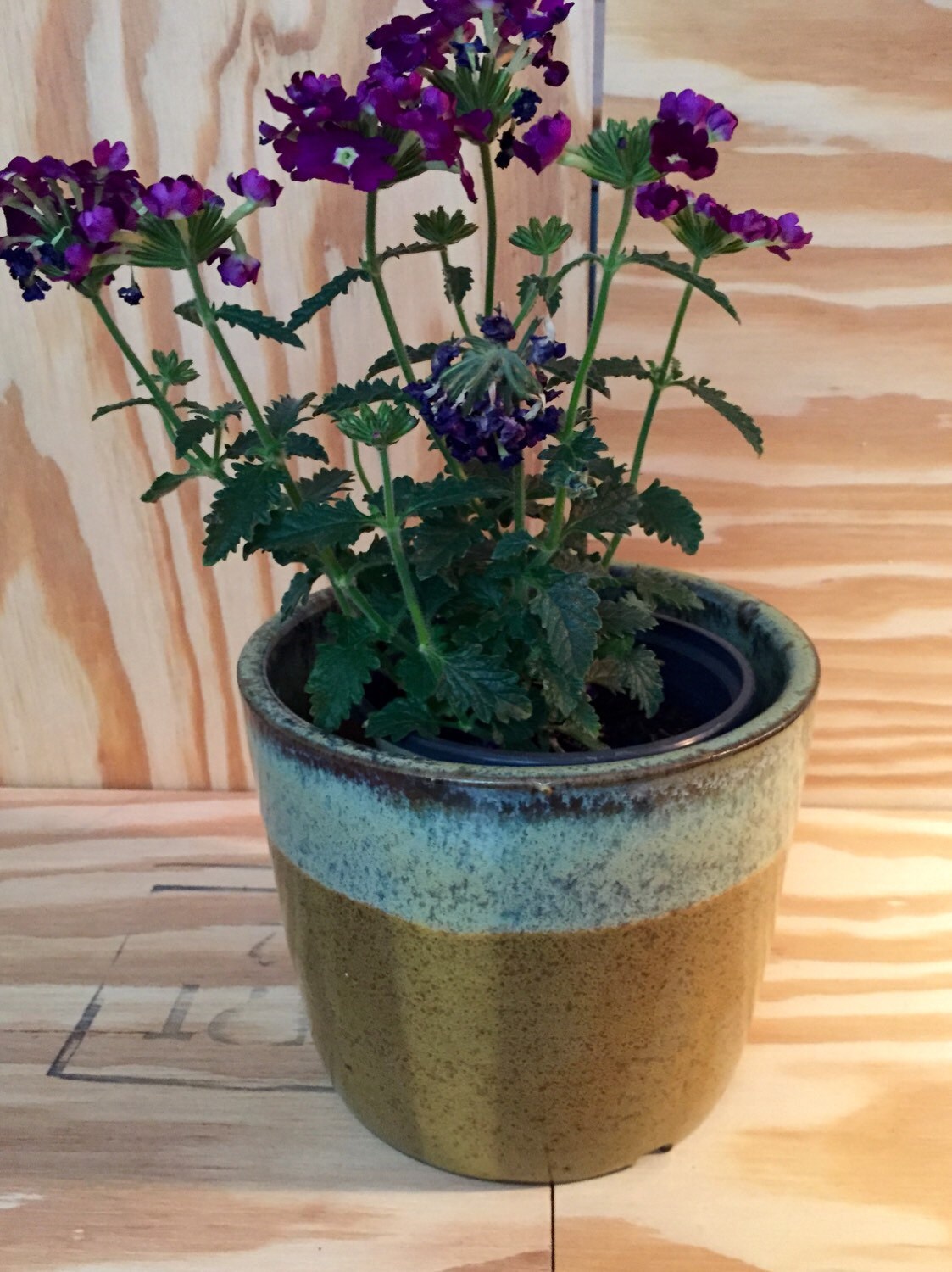 Medium sized handmade ceramic outdoor planter in chestnut and blue glaze