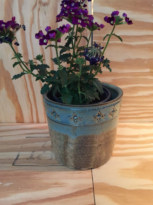 Handmade outdoor ceramic planter in almond and teal