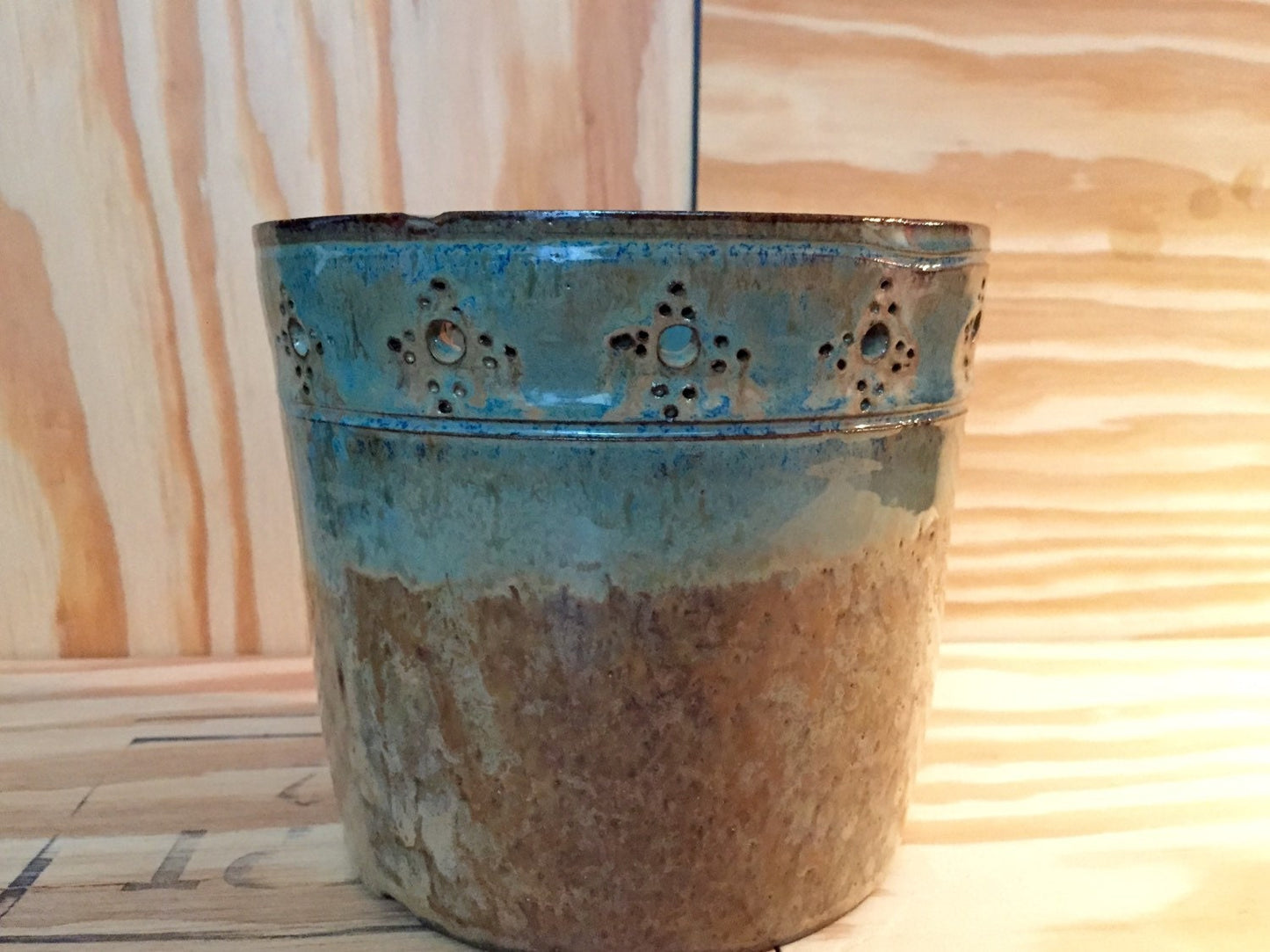 Handmade outdoor ceramic planter in almond and teal